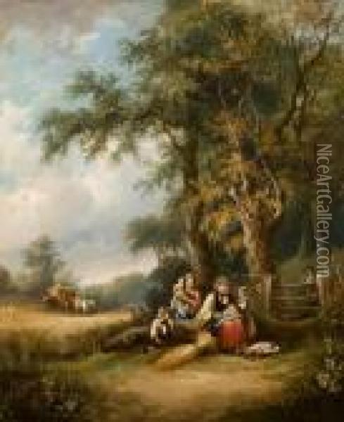 Labouring Family In A Pastoral Landscape Oil Painting - Snr William Shayer