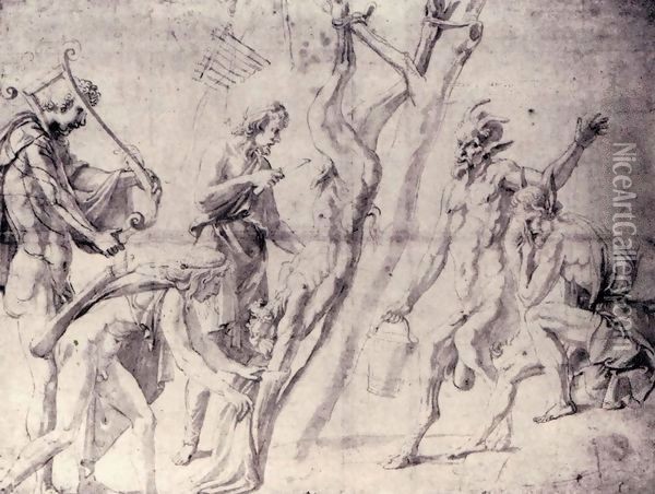 Flaying of Marsyas Oil Painting - Giulio Romano (Orbetto)