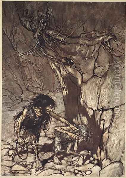 Mime howling Ohe Ohe Oh Oh, illustration from The Rhinegold and the Valkyrie, 1910 Oil Painting - Arthur Rackham