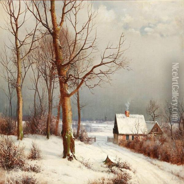 Winter Day With A Country House Oil Painting - Anders Anderson-Lundby