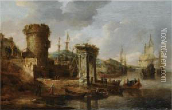 A Capriccio Of A Mediterranean Harbour With Elegant Figures Embarking A Boat Oil Painting - Jan Abrahamsz. Beerstraaten
