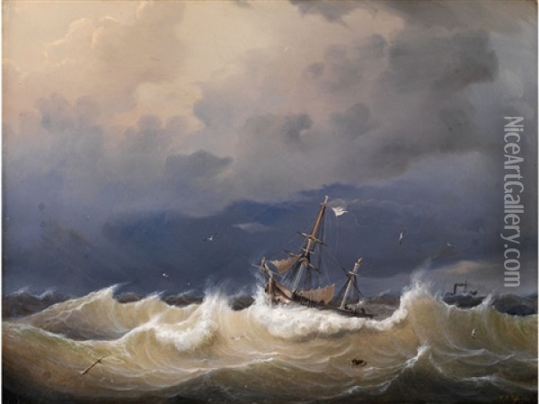Sturmische See Mit In Wellen Kampfendem Segelschiff Oil Painting - Johann Baptist Weiss