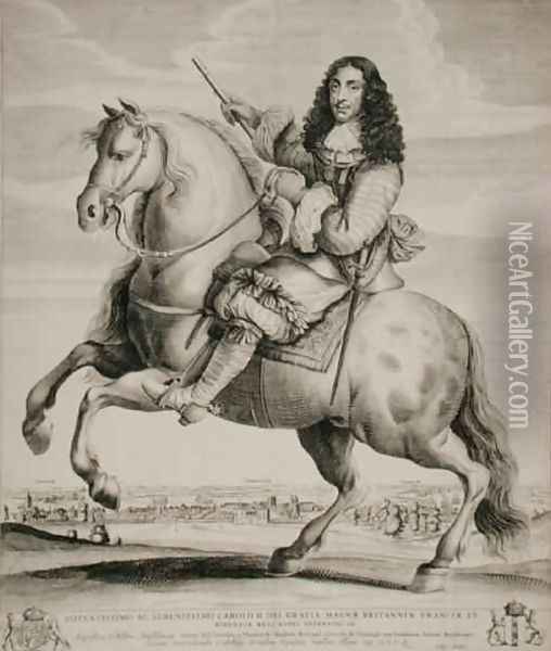 Equestrian Portrait of Charles II 1630-85 with a Landscape Oil Painting - Wenceslaus Hollar