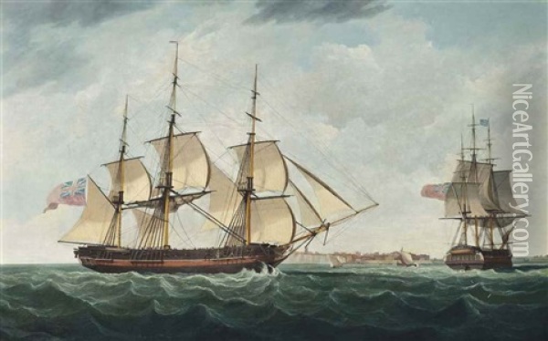 A Frigate In Two Positions Heaving-to Off Ramsgate And Calling For A Pilot Oil Painting - Thomas Whitcombe