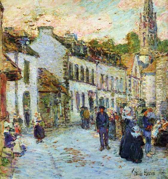 Street in Pont Aven - Evening Oil Painting - Frederick Childe Hassam