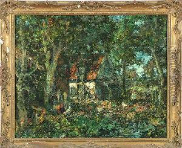 An Impressionistic Farmyard In Summer With Poultry And A Woman By A Gate Oil Painting - John Falconar Slater