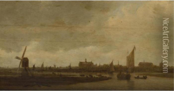 A View Of Leiden From The North, With Cattle Grazing In Theforeground Oil Painting - Jan van Goyen