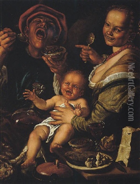 A Merry Peasant Couple Eating From A Bowl Of Beans, The Woman Holding A Crying Baby With A Cat Scratching Its Leg Oil Painting - Vincenzo Campi