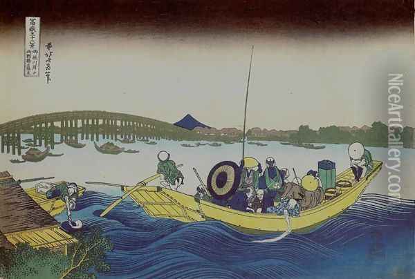 Viewing the Evening Sun at Ryogoku Bridge from Onmayagashi (Onmayagashi yori Ryogokubashi no sekiyo o miru) Oil Painting - Katsushika Hokusai