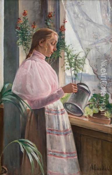 Girl Watering Flowers Oil Painting - Amelie Lundahl