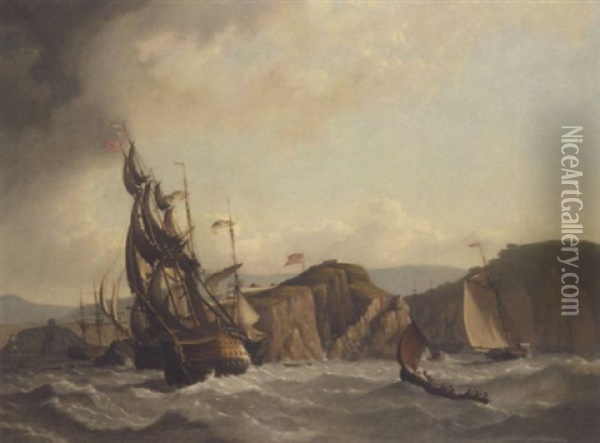 A Dutch Man-o'-war And Other Shipping Off The Coast Oil Painting - Charles Martin Powell