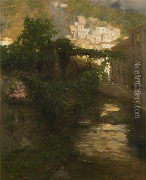 Fiumicello Verso Sera. Costa D'amalfi Oil Painting - Rubens Santoro