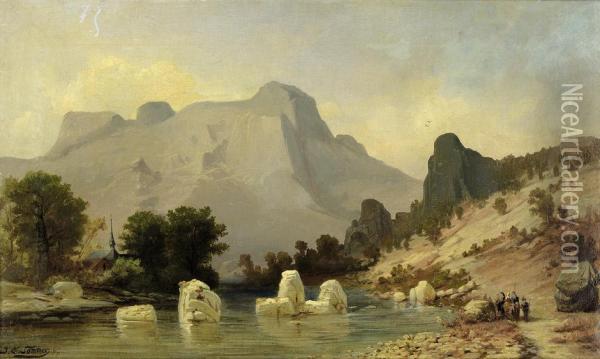 Ansicht Eines Gebirgssees Mit Wanderern Am Ufer Oil Painting - Johann Sommer