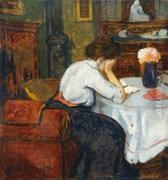 Reading Woman (+ Interior Detail, Verso) Oil Painting - Istvan Fanta-Alkony