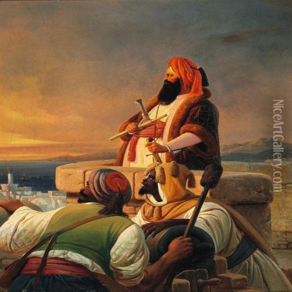 An Arabic Prince And Moorish Fighters In A Castle Turret Getting Ready To Fire A Cannon Oil Painting - Niels Simonsen