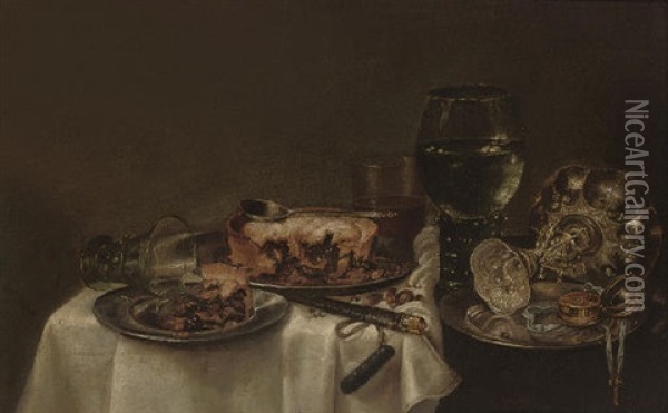A Roemer, A Pie On A Pewter Plate... Oil Painting - Willem Claesz Heda