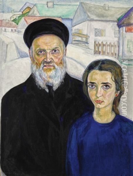 Portrait Of The Artist's Father And Sister (pinchas And Malka Shterenberg) Oil Painting - David Shterenberg