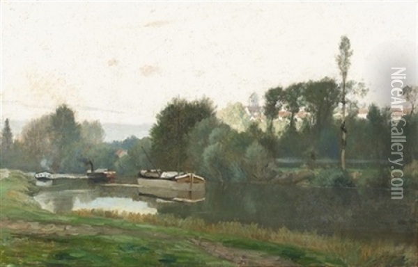 Paysage Fluvial Avec Bateaux Oil Painting - Charles Francois Daubigny