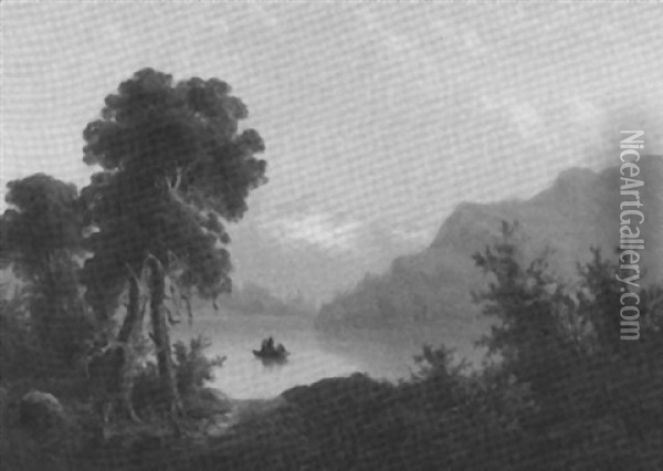 Urwuchsige Gebirgslandschaft Mit Einem Ruderboot Auf Einem See Oil Painting - Guido Hampe