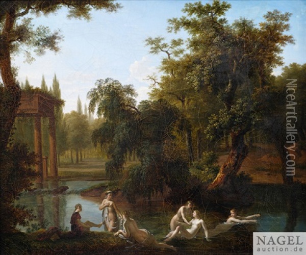 Badende Nymphen In Klassizistischer Landschaft Oil Painting - Jacques Antoine Vallin
