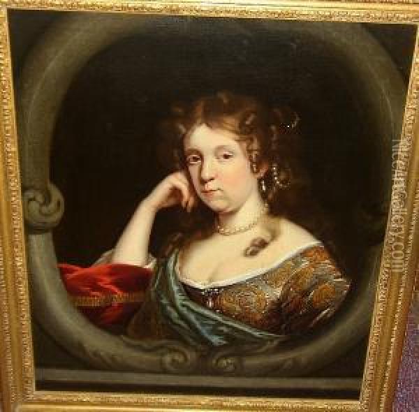 Portrait Of A Lady, Bust Length,
 In A Richly Brocaded Dress With Blue Sash, In A Feigned Oval Oil Painting - Mary Beale