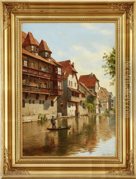 Kanalmotiv Fran Sydtysk Stad Oil Painting - August Fischer