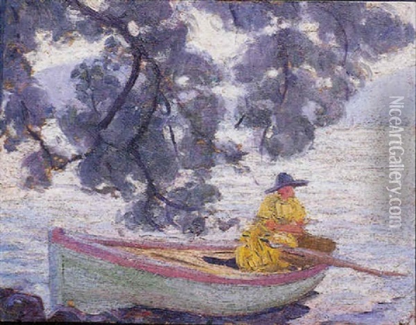 Madame Leroux Dans Une Barque Sur Le Lac D'annecy Oil Painting - Auguste Leroux
