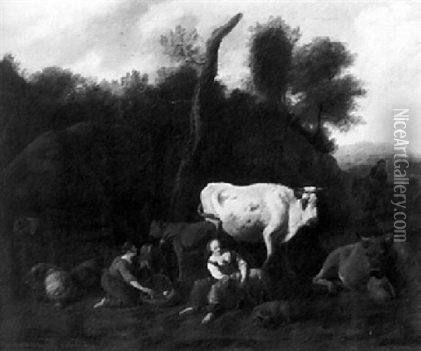 Peasants In A Landscape Tending Their Animals Oil Painting - Dirk van Bergen