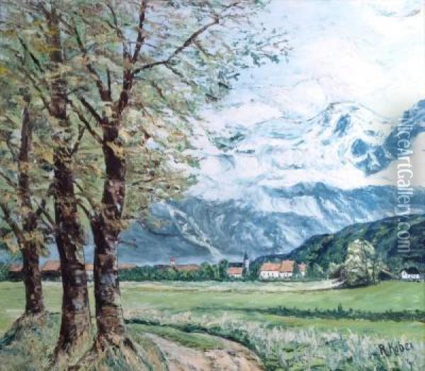 Blick Auf Ein Alpendorf Vor Verschneitem Bergzug Oil Painting - R. Kober
