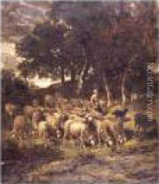 A Shepherdess And Her Flock Oil Painting - Charles Emile Jacque