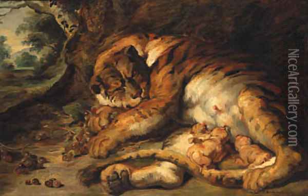 Tiger with Cubs Oil Painting - Josef Bche