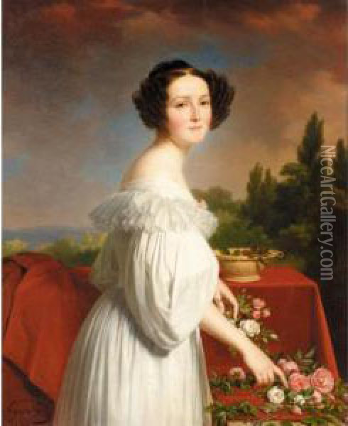 Portrait Of A Lady Arranging Roses Oil Painting - Pierre Roch Vigneron