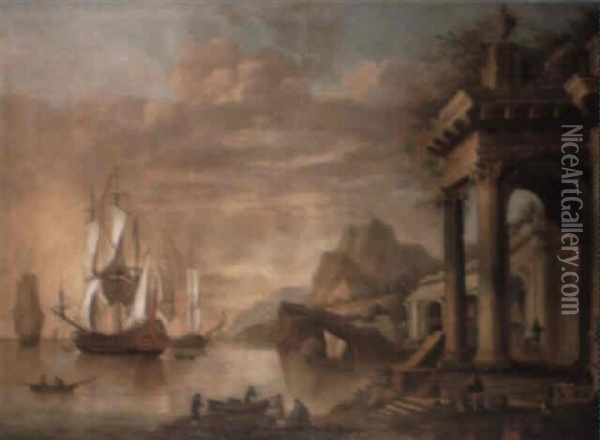 Man-of-war And Other Ships In Harbour Oil Painting - Adriaen Van Diest