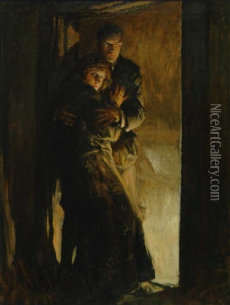 Frightened Woman Embraced By Man At Doorway Oil Painting - William Henry Dethlef Koerner