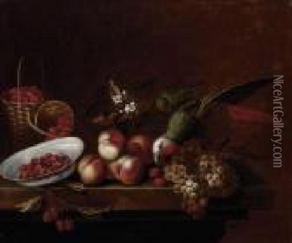 Nature Morte Au Perroquet, Aux Fraises Et Aux Raisins Oil Painting - Barend or Bernardus van der Meer