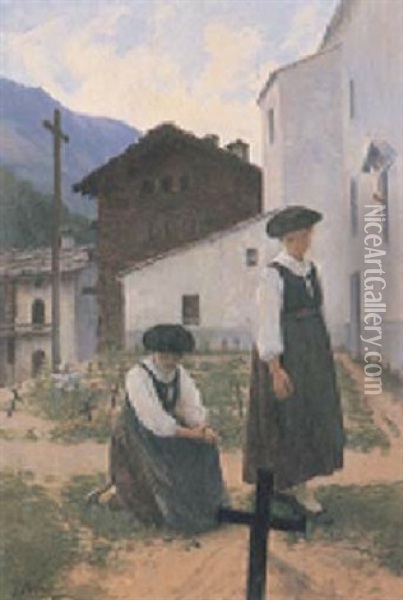 Zwei Frauen Auf Dem Friedhof Von Evolene Oil Painting - Julia Bonnard