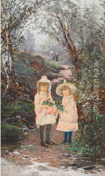 Little Sisters With Wild Flowers In A Wood Oil Painting - John Arthur Fraser