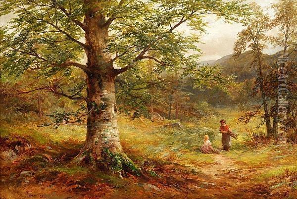 Woodland Clearing With Children Gathering Firewood Oil Painting - George Turner