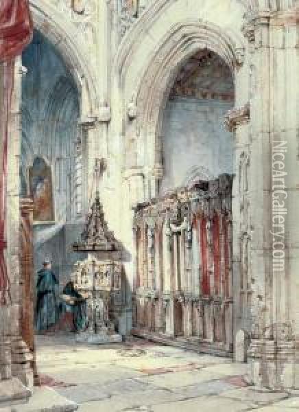 Eccleciastical Figures In A Cathedral Interior Oil Painting - Thomas Scandrett