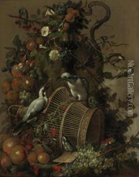 Two Loggerhead Shrikes On A Reed Cage, Apples, Peaches, Grapes,pears, Red Berries And Cherries Together With Flowers Hanging Froma Vase, A Butterfly And Great Tits, All On A Marble Ledge Oil Painting - Jacobus Vonck
