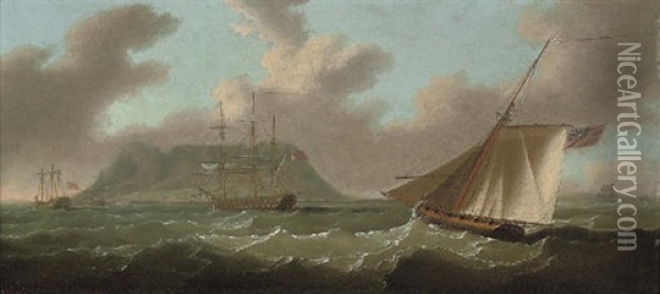 A View Of Gibraltar From The South With H.m.s. "ajax" Anchored In The Bay And The Armed Cutter "frisk" Approaching Her Stern Oil Painting - Francis Sartorius the Younger