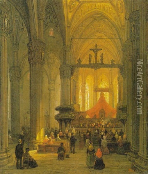 Interno Di Chiesa Con Fedeli Oil Painting - Luigi Bisi