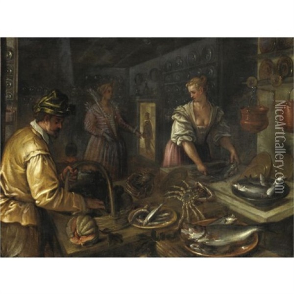 Interno Di Cucina Con Pesci E Crostacei Su Un Tavolo Oil Painting -  Pozzoserrato