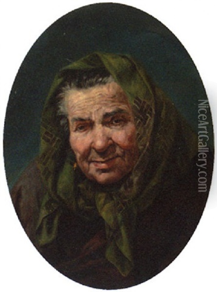 Portrait Of An Elderly Lady In A Dark Green Head-scarf And Brown Coat Oil Painting - Vicente Lopez y Portana