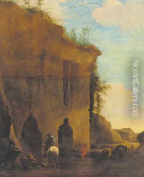Travellers by a ruin Oil Painting - Nicolaes Bercham