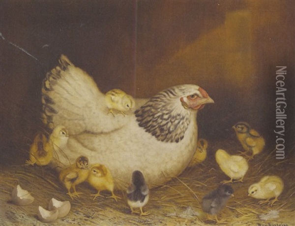 Scene Of A Hen And Her Eleven Chicks, With Empty Shells In The Foreground Oil Painting - Ben Austrian