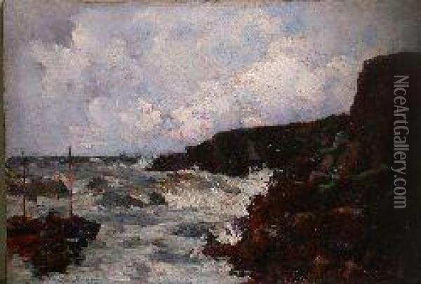 Waves Breaking On A Rocky Coast Oil Painting - William Watt Milne