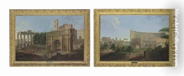 A Roman Capriccio With The Colosseum And The Arch Of Constantine (+ Another With The Campo Vaccino, The Arch Of Septimus Serverus, The Temple Of Saturn And The Palazzo Dei Senatori; 2 Works) Oil Painting - Giovanni Battista Busiri