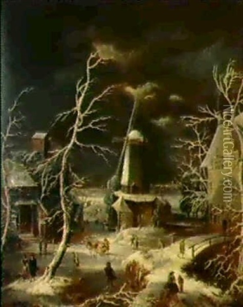 Windmuhle In Einer Winterlandschaft Oil Painting - Jan Abrahamsz. Beerstraten
