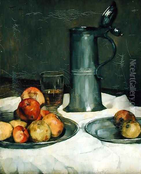 Still life with apples and pewter jug, 1878 Oil Painting - Heinrich Wilhelm Truebner
